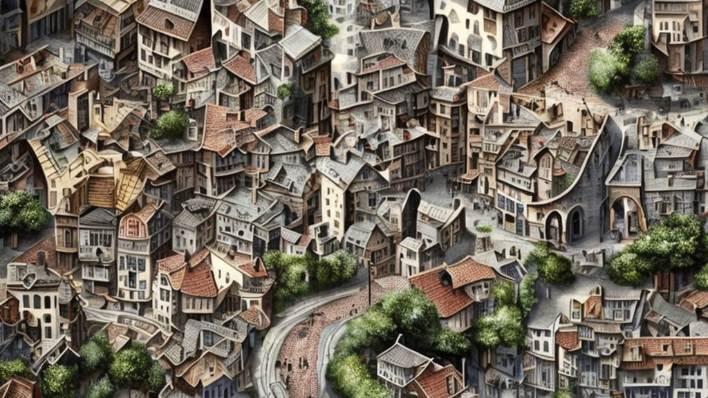 Detailed Fantasy Townscape with Diverse Architecture and Lush Greenery