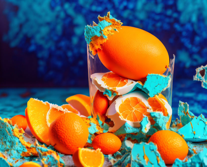 Orange, eggshells, and slices in glass on blue background