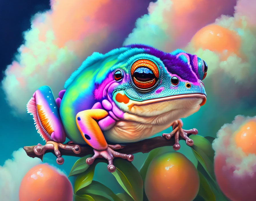 Whimsical frog illustration on branch against pastel sky