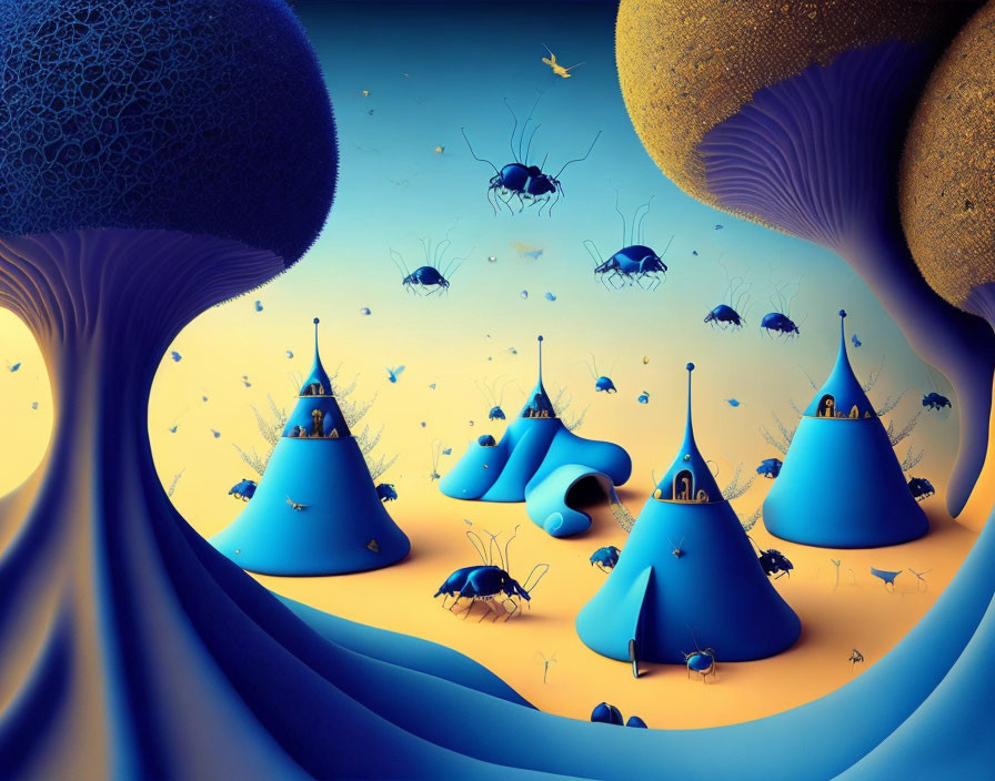 Surreal landscape with blue trees, ant-like creatures, and conical structures