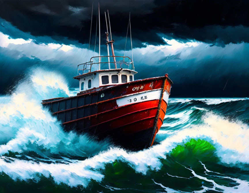 Red and Black Boat in Turbulent Sea Storm with Light Beams