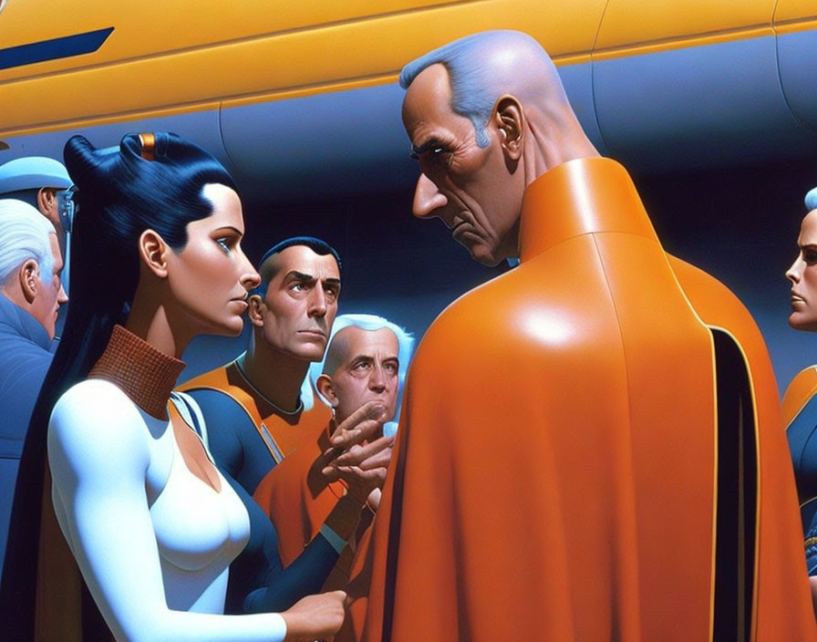 Futuristic digital art: Woman with black hair and blue skin faces man in orange suit among on