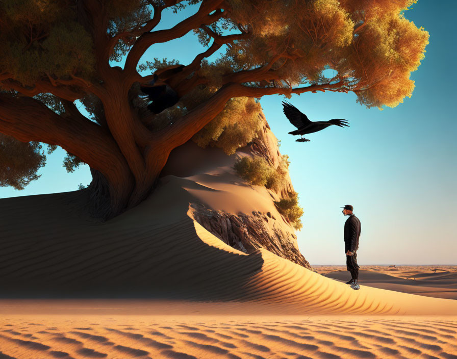 Person standing on sand dune under orange tree, bird flying in serene desert landscape at dusk or dawn