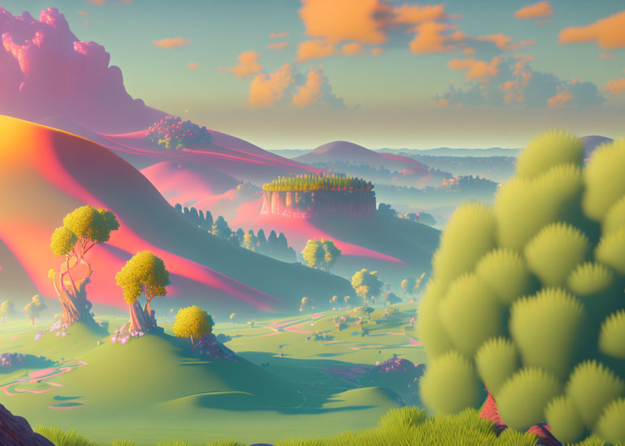 Colorful trees and misty hills in warm light