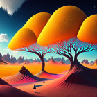 Surreal landscape with orange luminescent trees and moon at dusk