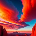 Colorful sky with lenticular clouds over mountains at sunrise or sunset