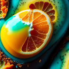 Colorful artistic representation: Egg with citrus slice yolk on textured background with beads