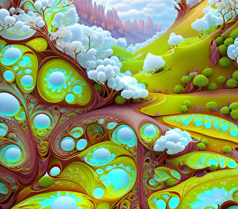 Vibrant surreal landscape with fractal tree patterns under clear sky