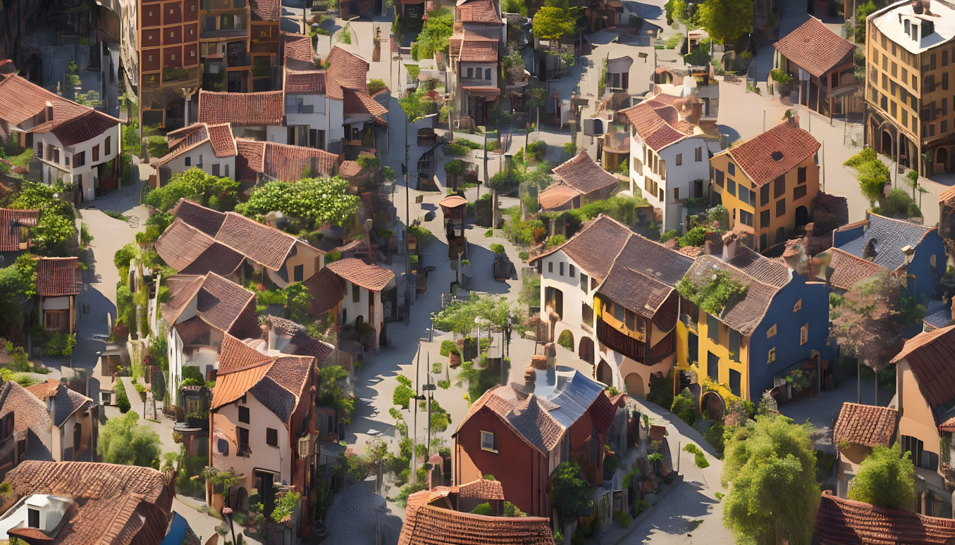 European village with narrow streets and terracotta roofs at sunset