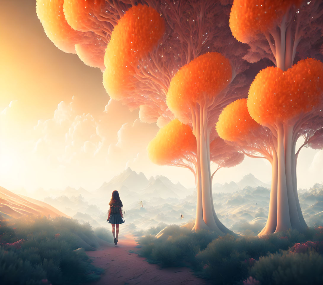 Surreal landscape with oversized fluffy orange-topped trees