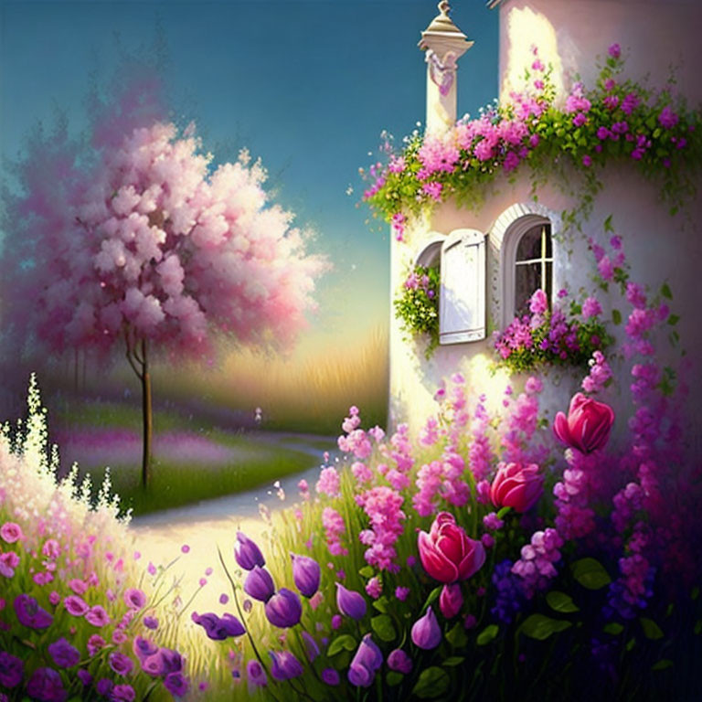 Blossoming tree and vibrant flowers by quaint building at sunset