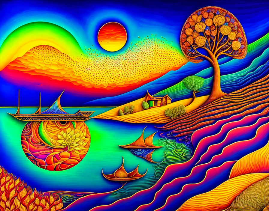 Colorful psychedelic landscape with sun, tree, hills, and ships