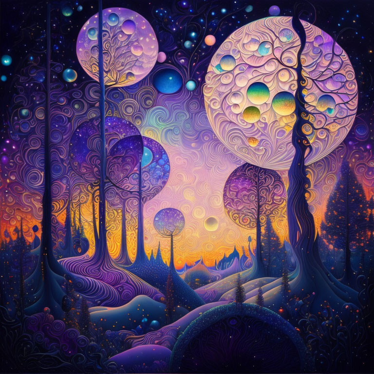 Surreal landscape with stylized trees and multiple moons