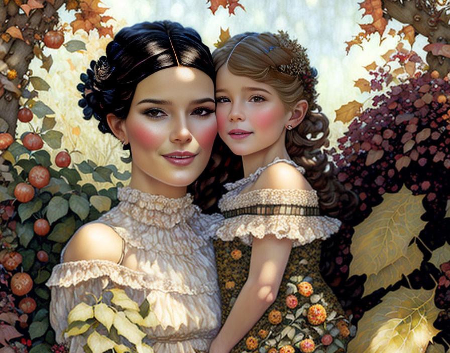 Woman and girl in matching vintage dresses with similar hairstyles in autumnal setting.