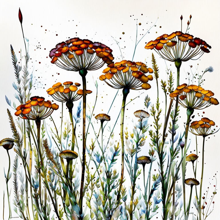 Detailed artwork of orange-capped mushrooms in a wildflower meadow.