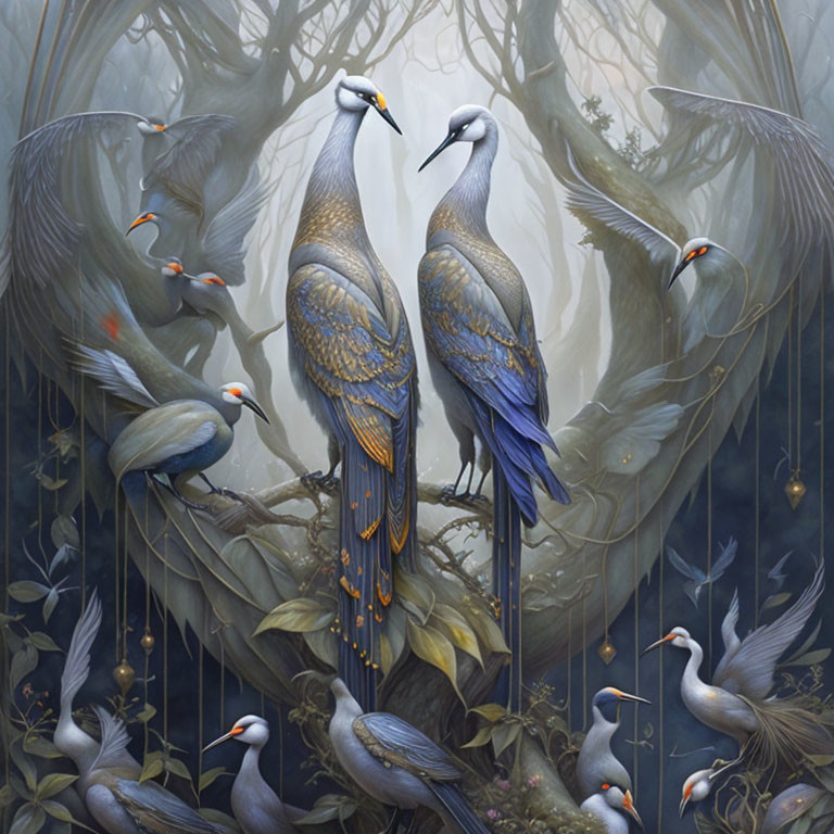 Regal peacocks in mystical forest with birds, bluish-grey ambiance