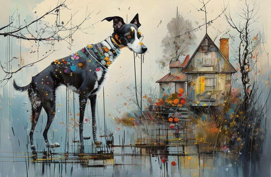 Floral-adorned dog on dock with autumnal trees and house reflection