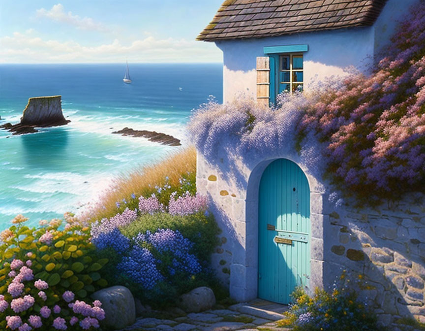 Turquoise door cottage amidst flowers, coastal view with sailboat.