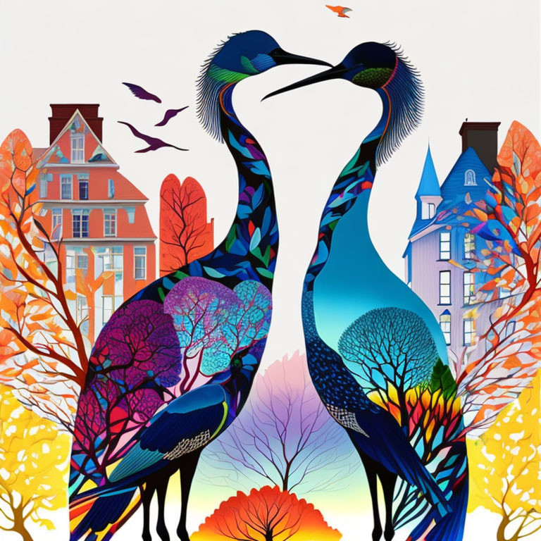 Colorful autumn scene with stylized peacocks and Victorian houses in background