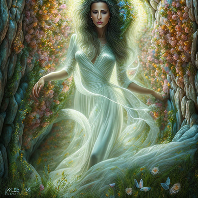 Mystical woman in white dress on flower-lined path in enchanted forest