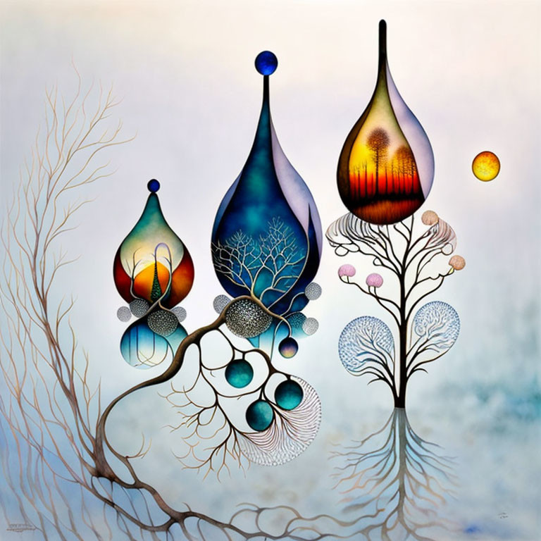 Tree-like shapes and teardrop forms in abstract art with landscapes and patterns on a light gradient background