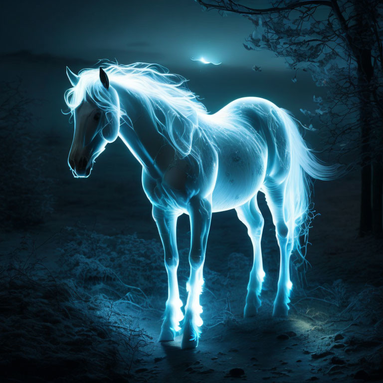 Ethereal glowing horse in mystical forest at night