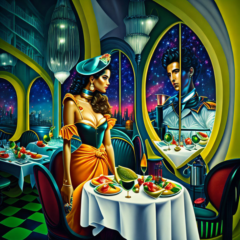 Futuristic diner scene with man and woman in retro sci-fi style