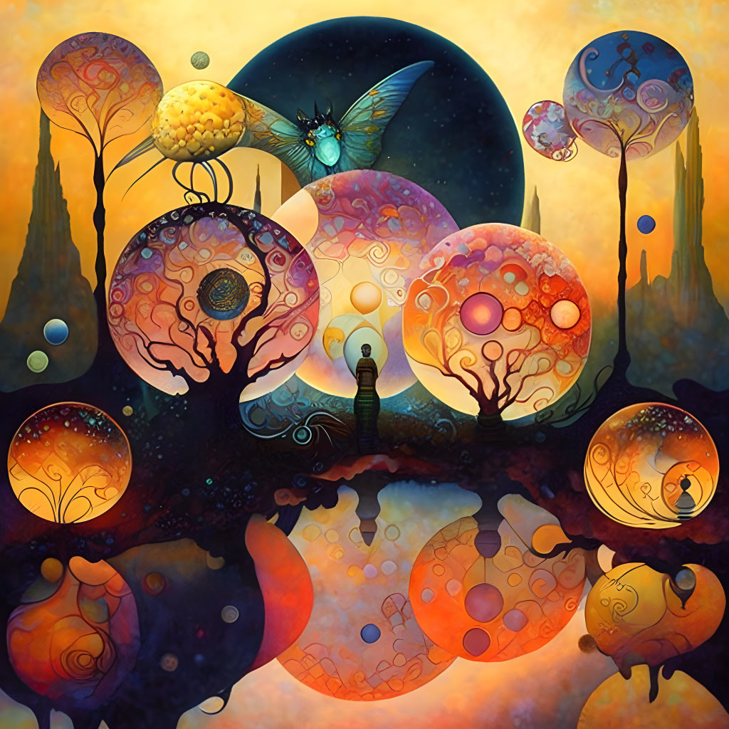 Vibrant fantasy art: glowing tree structures, flying creature, figure under large moon