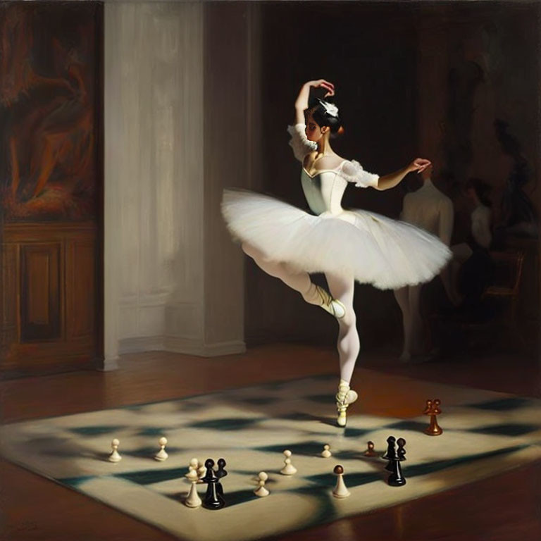 Ballerina on tiptoe in dance pose on checkerboard floor with chess pieces in elegant room