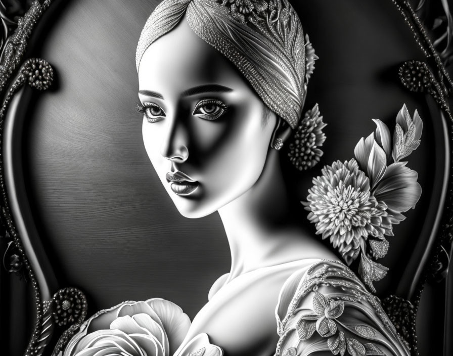 Monochromatic image of elegant woman with headpiece and floral accents.