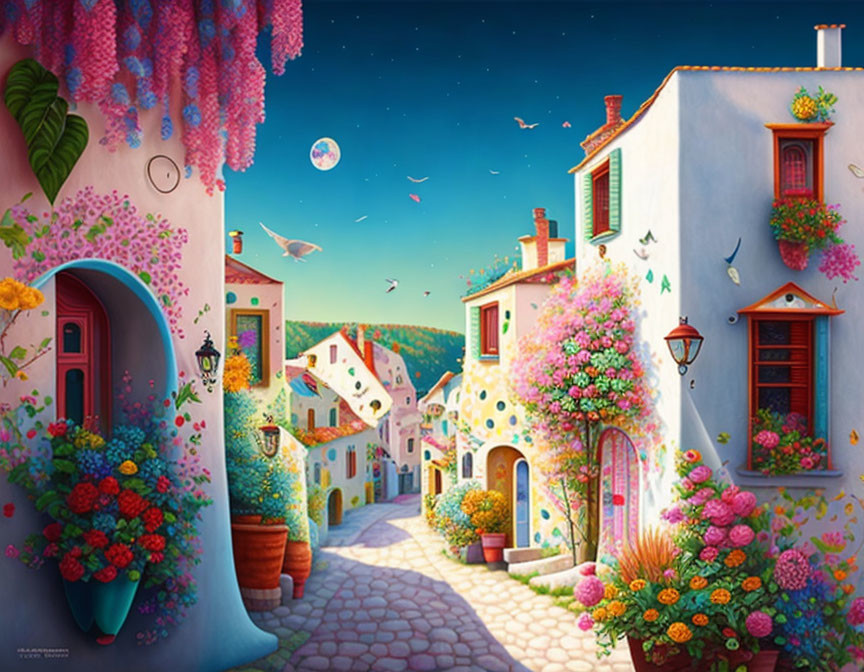 Colorful Whimsical Village with Vibrant Buildings and Moonlit Sky