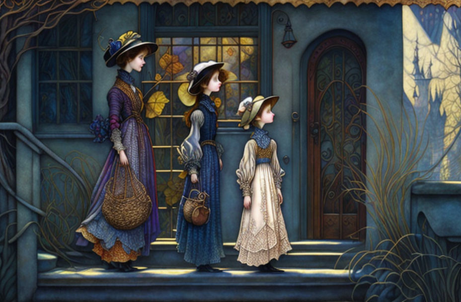 Victorian attired trio by ornate door in whimsical foliage.