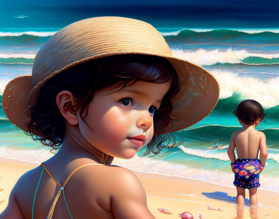 Digital painting: Two children on beach, girl in straw hat, boy by sea.