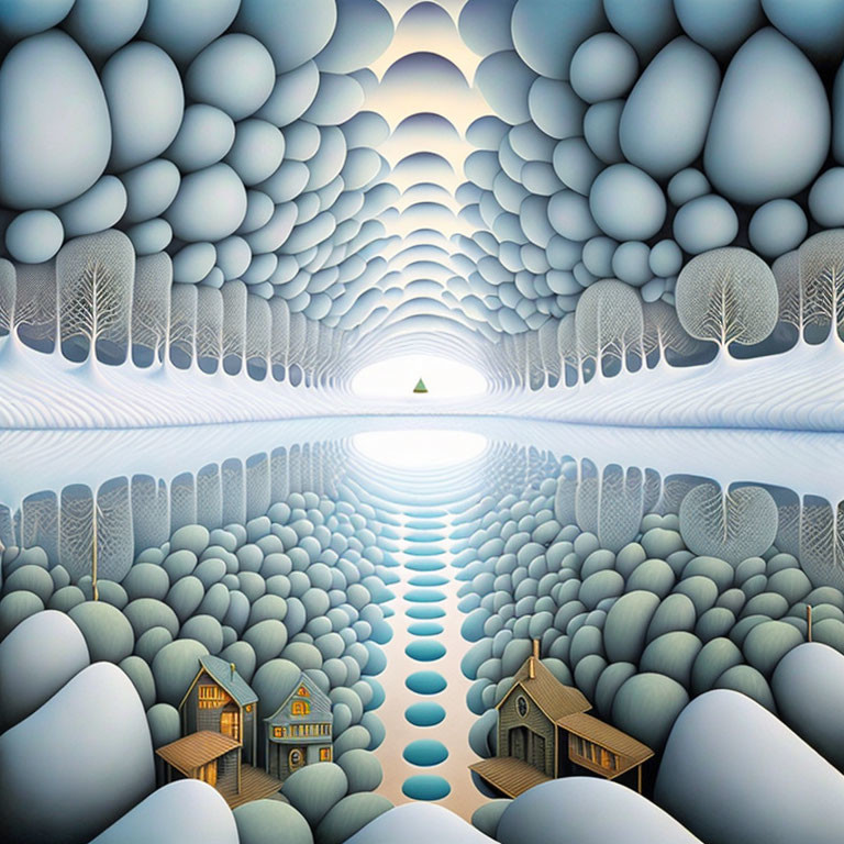 Symmetrical surreal landscape with pebble layers, leafless trees, houses, and central bright spot