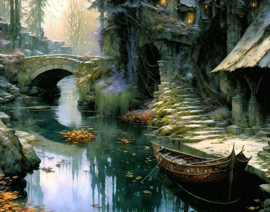 Fantasy landscape with wooden boat, arched bridge, whimsical houses, rocky terrain, and autumn