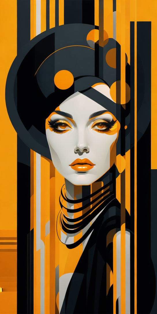 Stylized female figure with modernist hat and geometric patterns