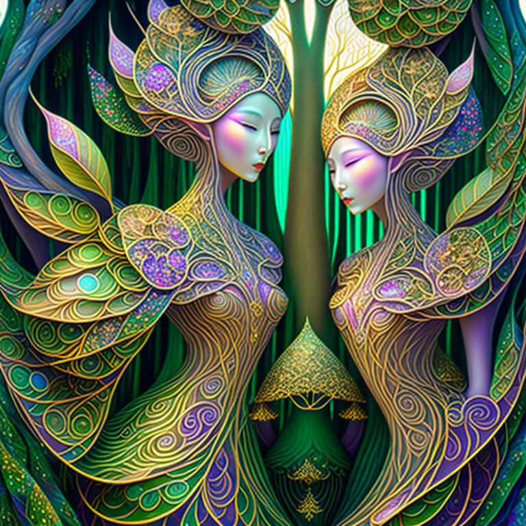 Stylized female figures with ornate headdresses in colorful forest setting