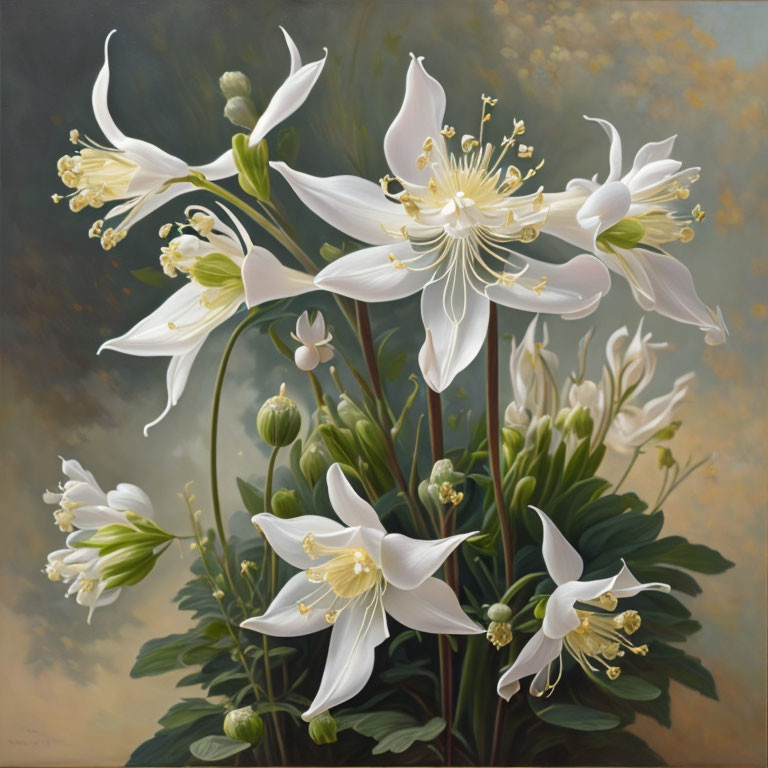 Detailed Painting of White and Light Pink Lilies on Muted Background