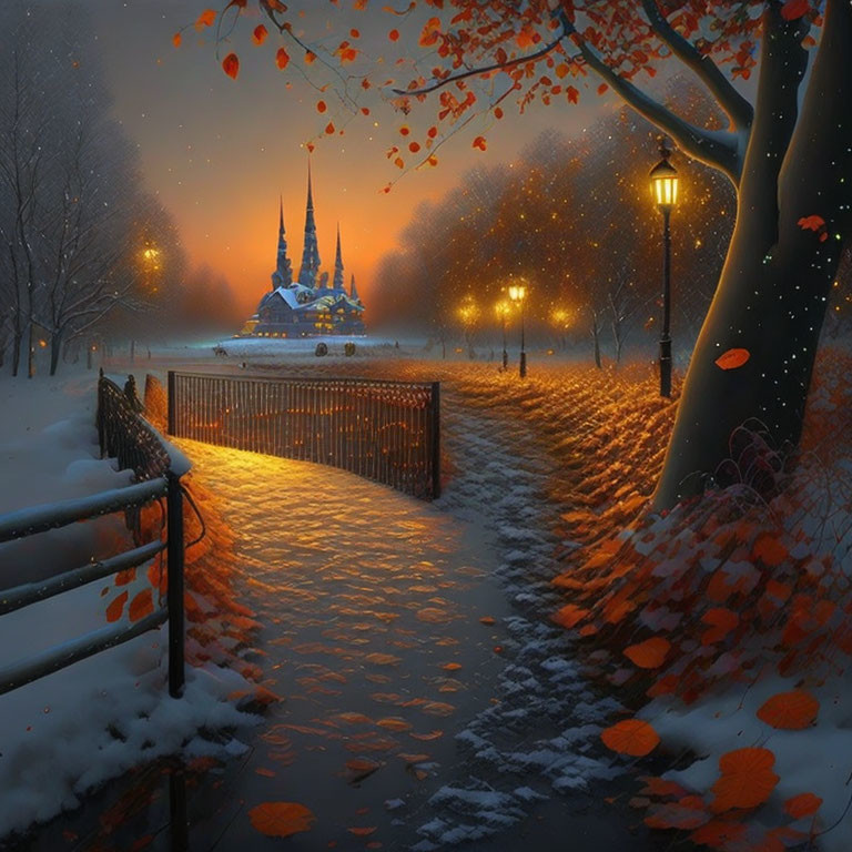 Snowy Path with Autumn Leaves Leading to Distant Castle at Twilight