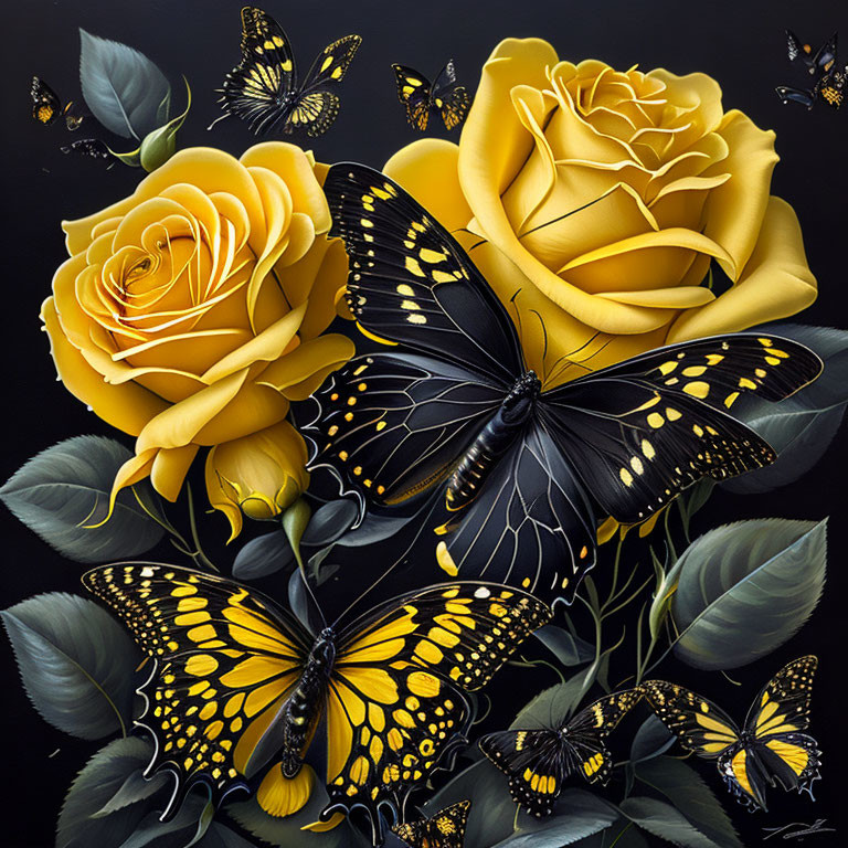 Vibrant artwork with yellow roses and butterflies on dark background