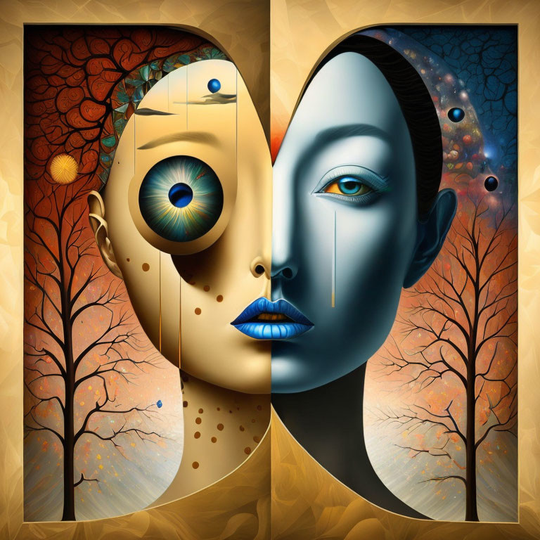 Surreal digital art: Two faces merging with autumn trees