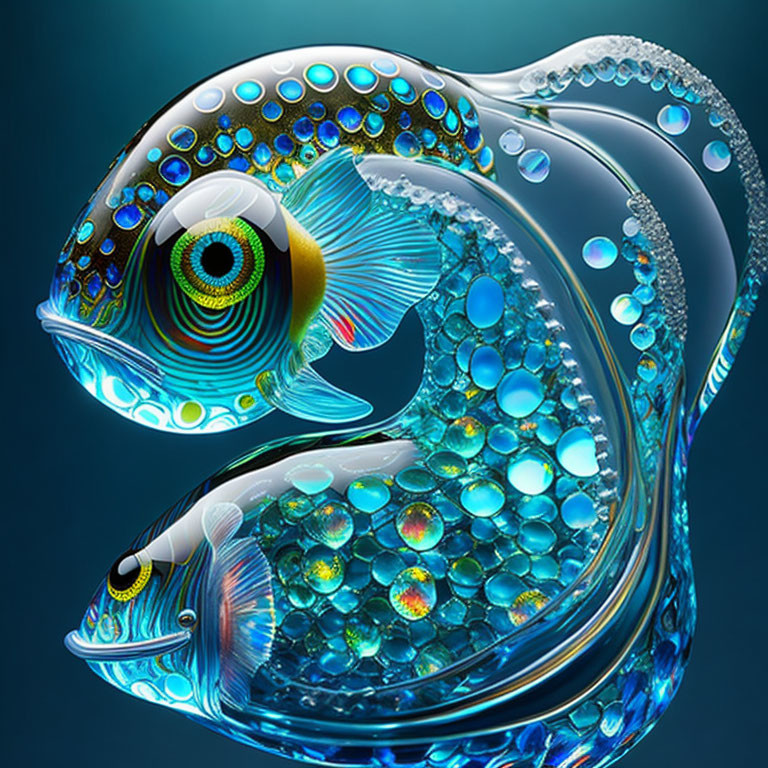 Colorful digital artwork: stylized fish with iridescent scales and intricate patterns, set in wat