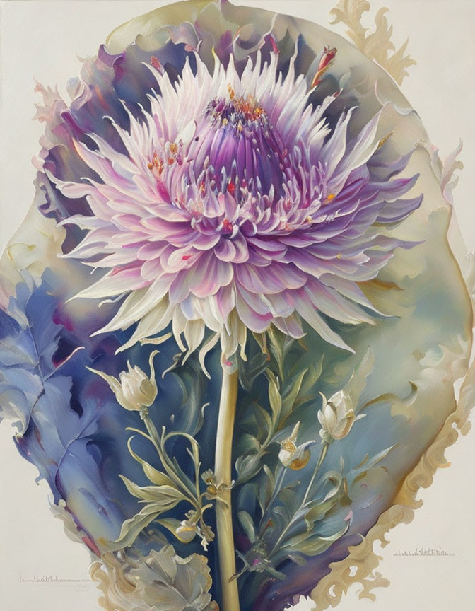 Realistic painting of large pink and purple flower on abstract background