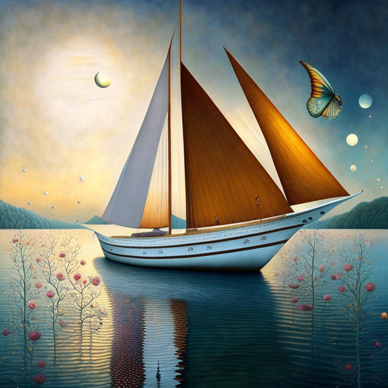 Surreal painting: sailboat, butterfly-winged fish, crescent moon, flowers