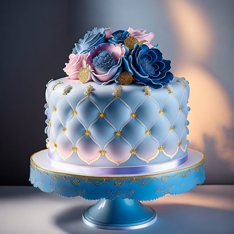 Colorful Flower Decorated Quilted Cake with Gold Accents