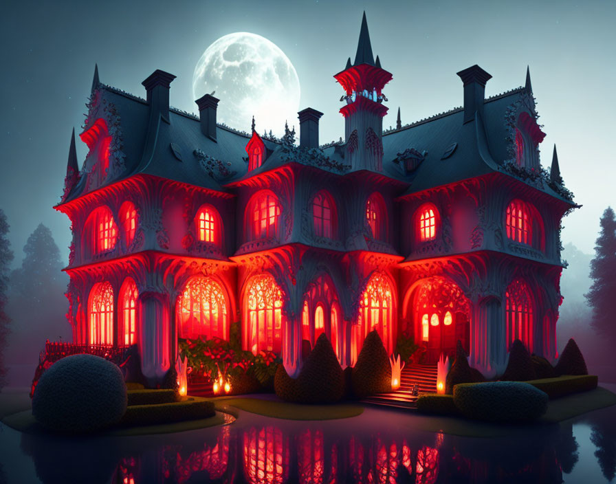 Gothic mansion under red light in twilight setting