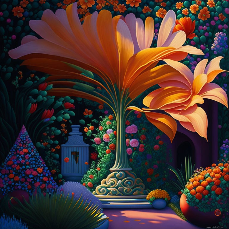 Colorful oversized flowers in a magical garden at night