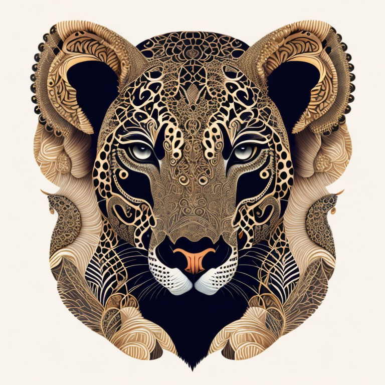 Detailed Leopard Head Artwork in Black, Gold & Beige