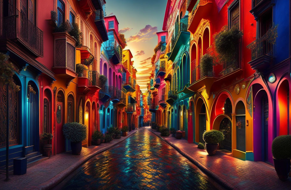 Colorful Cobblestone Street at Sunset