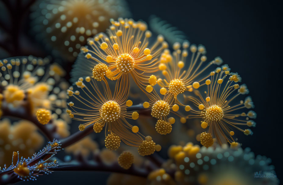 Detailed Close-Up of Yellow Spherical Flowers on Dark Background